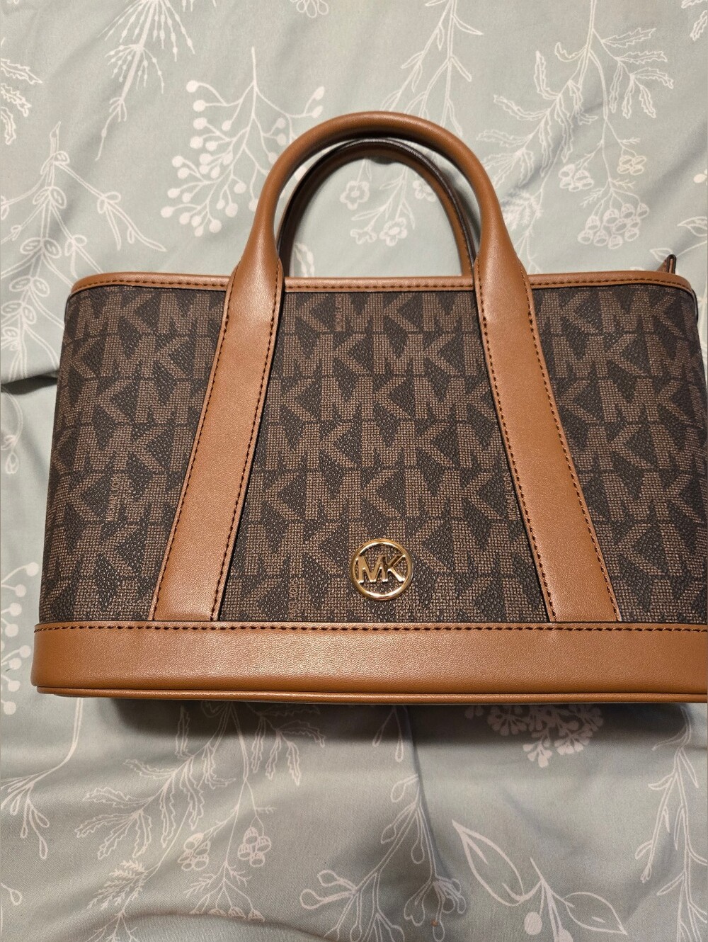 Michael Kors Brown MK Logo Messenger Satchel with Tan Trim